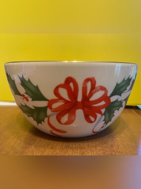 Lenox Holiday Bowl with Red Bow and Green Holly Motif - 16 oz